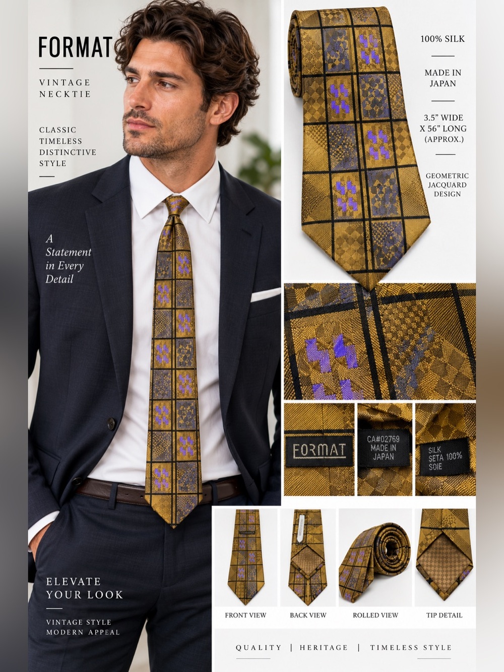 FORMAT Vintage Silk Tie Men’s Gold Geometric Jacquard Made in Japan 3.5" 56"